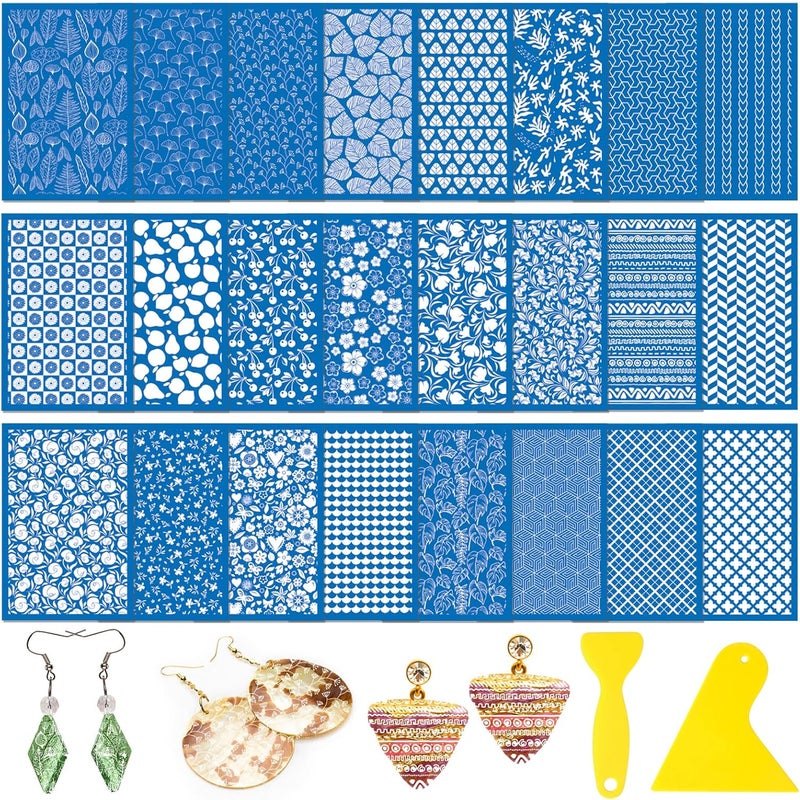 Jutom 24 Pieces Silk Screen Stencils for Polymer Clay Cutter Tools Reusable Silkscreen Print Kit DIY Craft Earring Jewelry Making Supplies Screen Stencils Reusable with 2 Squeegees, 3.9 x 6'' - Image 1